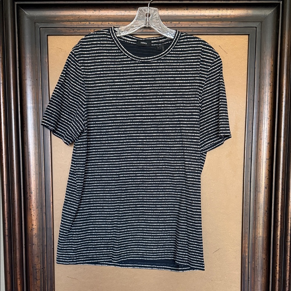 Theory Black and White Striped Cotton Short Sleeve Tee